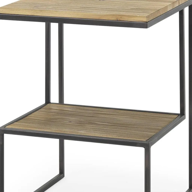 21" Light Brown and Black Solid Wood and Iron Square Sled End Table With Shelf Homeroots Living Room