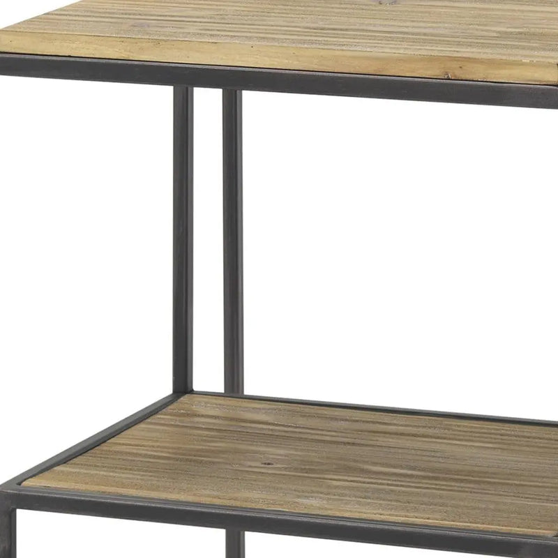 21" Light Brown and Black Solid Wood and Iron Square Sled End Table With Shelf Homeroots Living Room