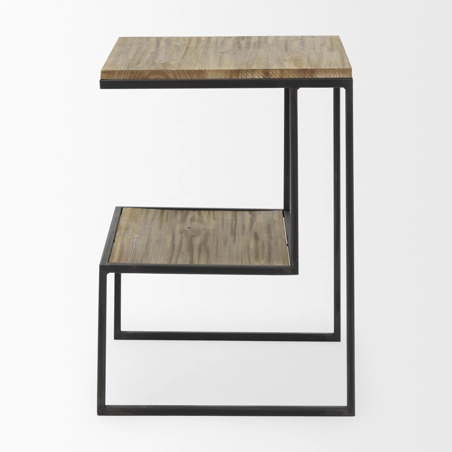 21" Light Brown and Black Solid Wood and Iron Square Sled End Table With Shelf Homeroots Living Room