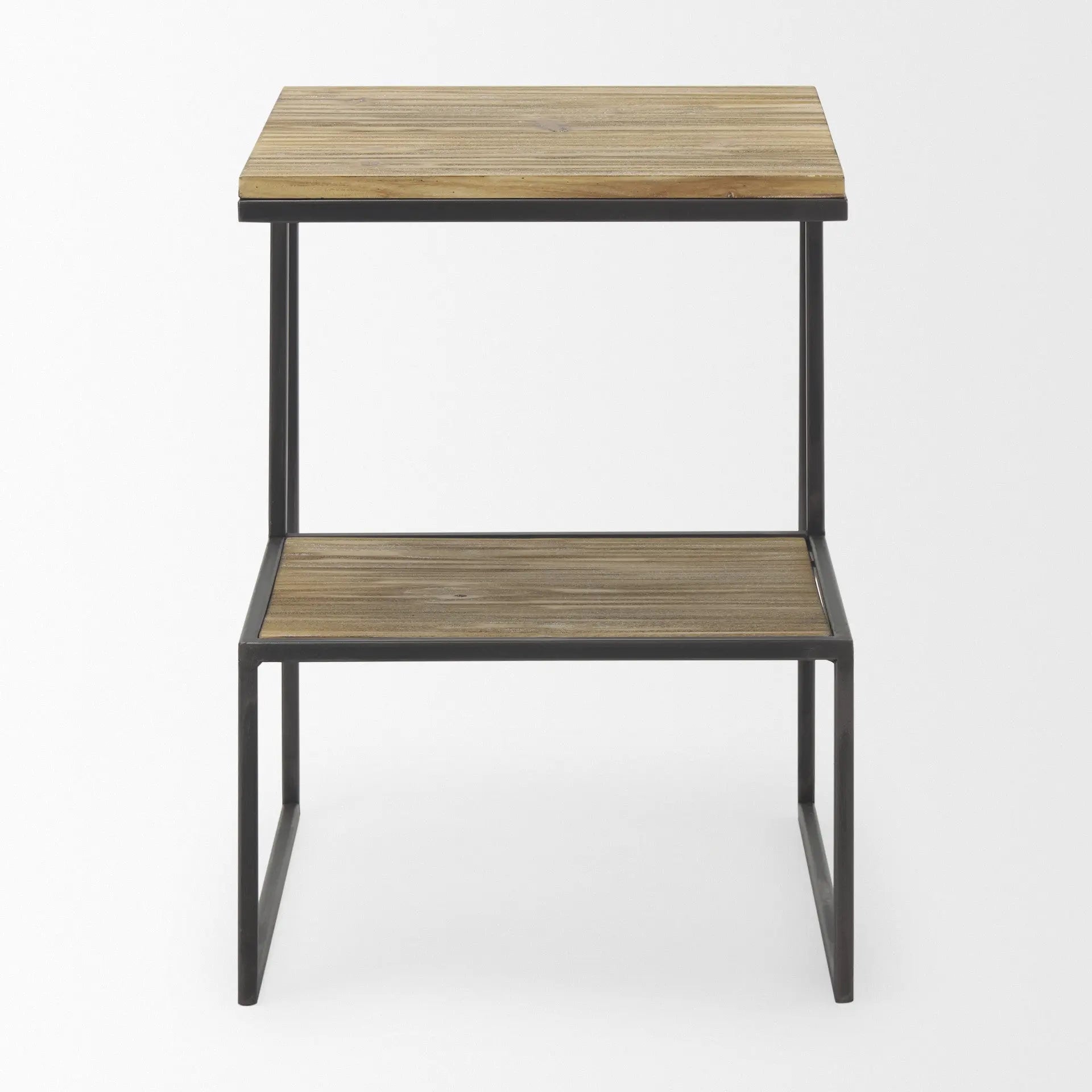 21" Light Brown and Black Solid Wood and Iron Square Sled End Table With Shelf Homeroots Living Room
