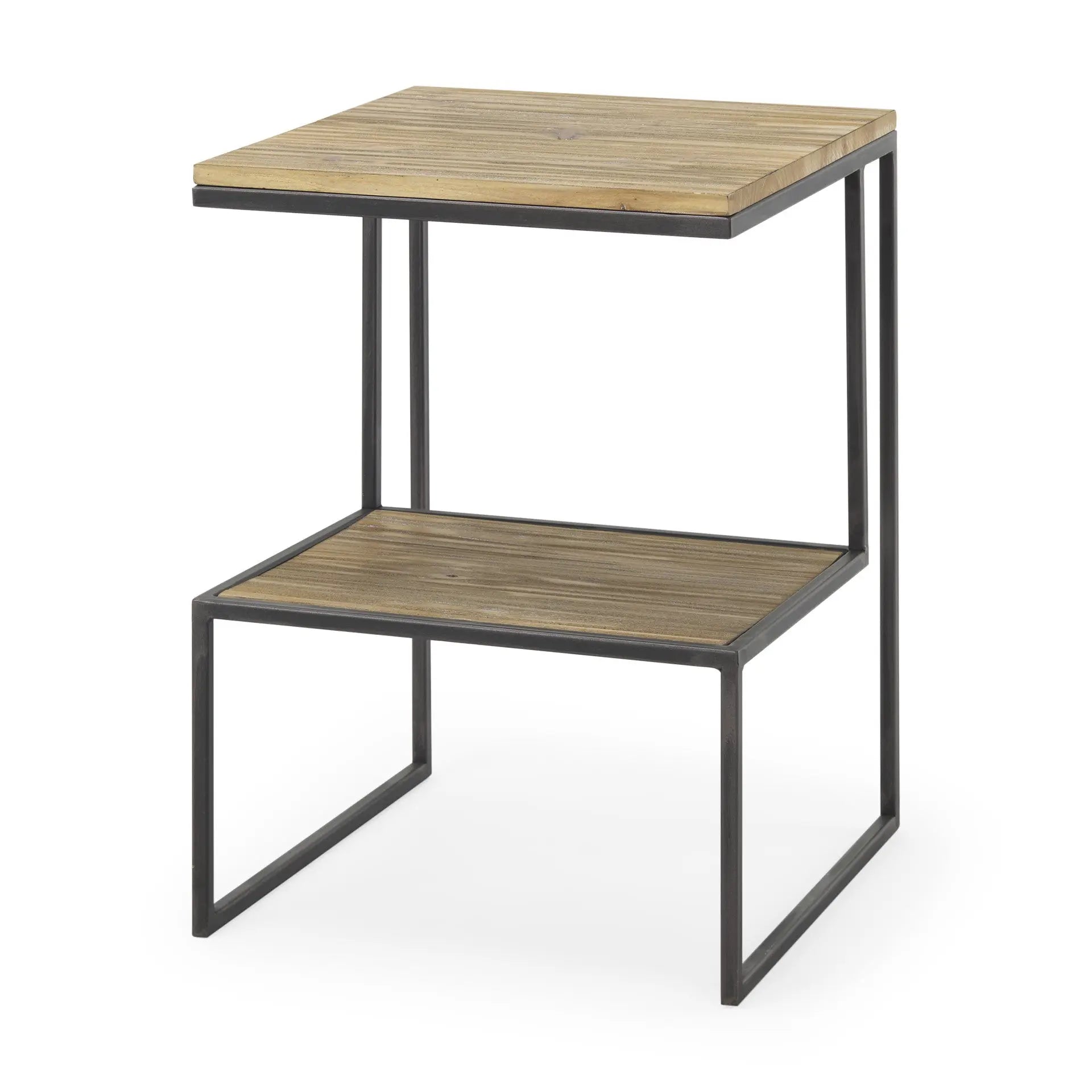 21" Light Brown and Black Solid Wood and Iron Square Sled End Table With Shelf Homeroots Living Room
