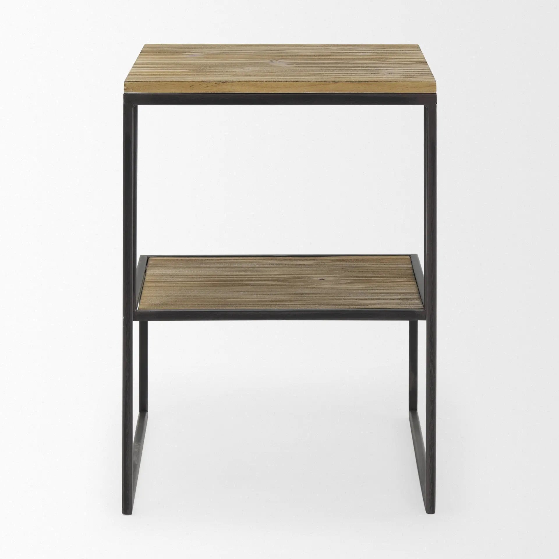 21" Light Brown and Black Solid Wood and Iron Square Sled End Table With Shelf Homeroots Living Room