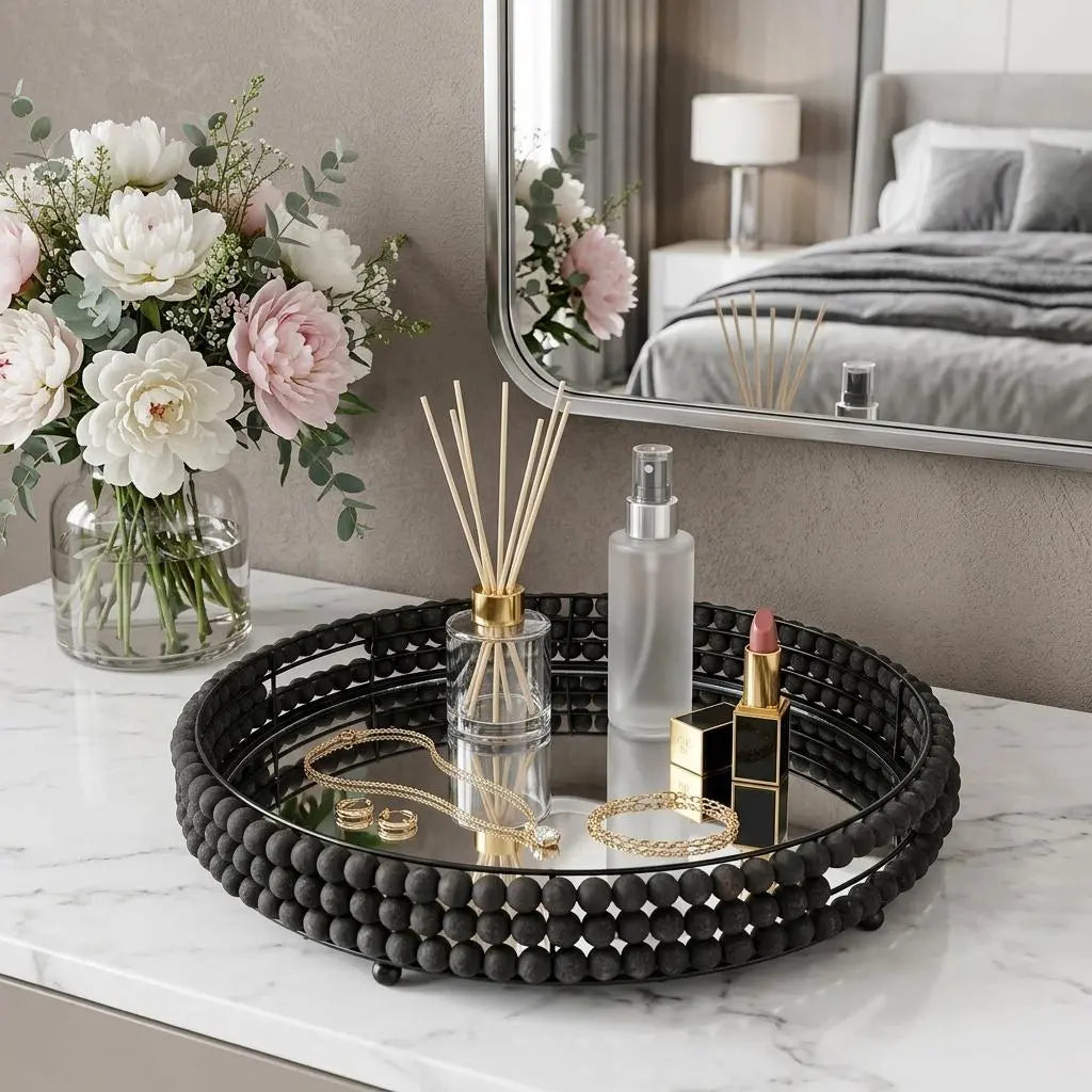 21" Matte Black Wood With Bead Mirrored Glass Bottom Round Tray Homeroots Kitchen & Dining