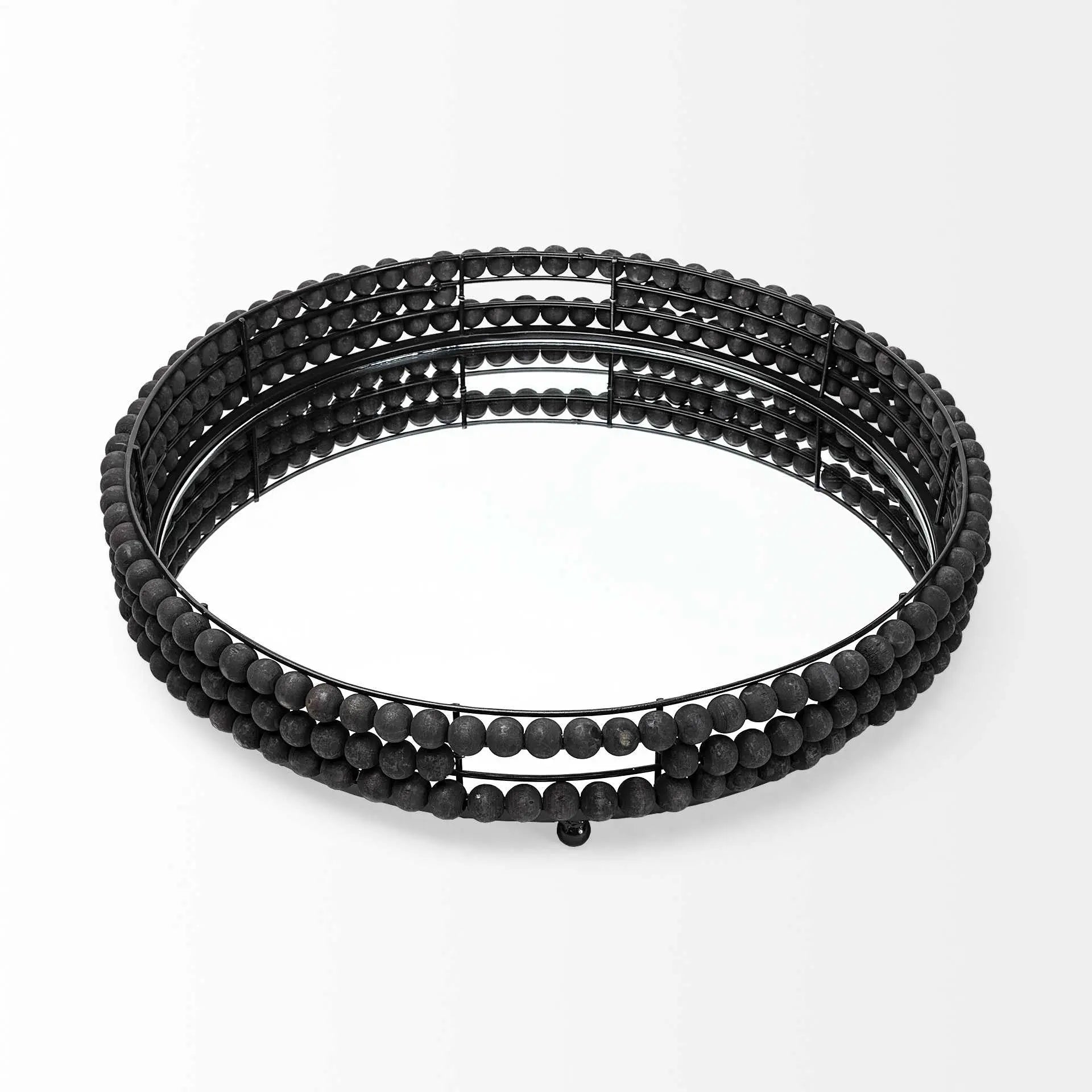 21" Matte Black Wood With Bead Mirrored Glass Bottom Round Tray Homeroots Kitchen & Dining