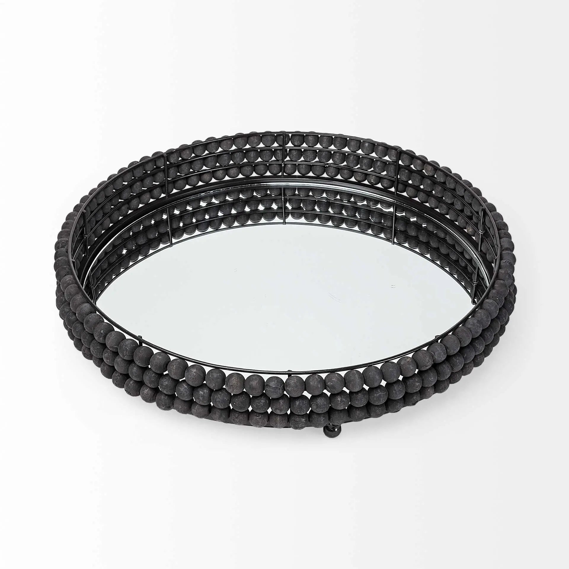 21" Matte Black Wood With Bead Mirrored Glass Bottom Round Tray Homeroots Kitchen & Dining