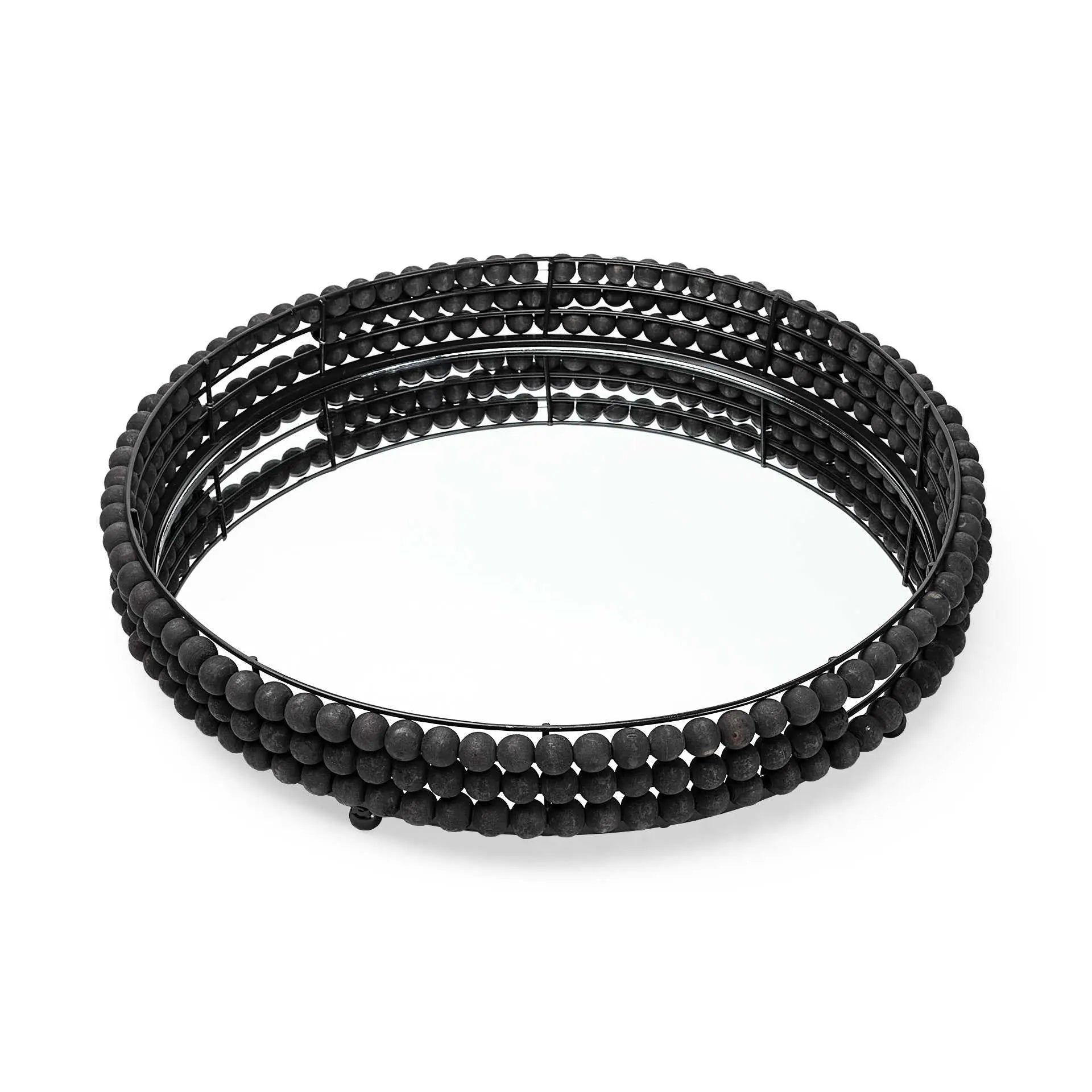 21" Matte Black Wood With Bead Mirrored Glass Bottom Round Tray Homeroots Kitchen & Dining