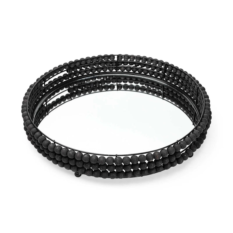 21" Matte Black Wood With Bead Mirrored Glass Bottom Round Tray Homeroots Kitchen & Dining