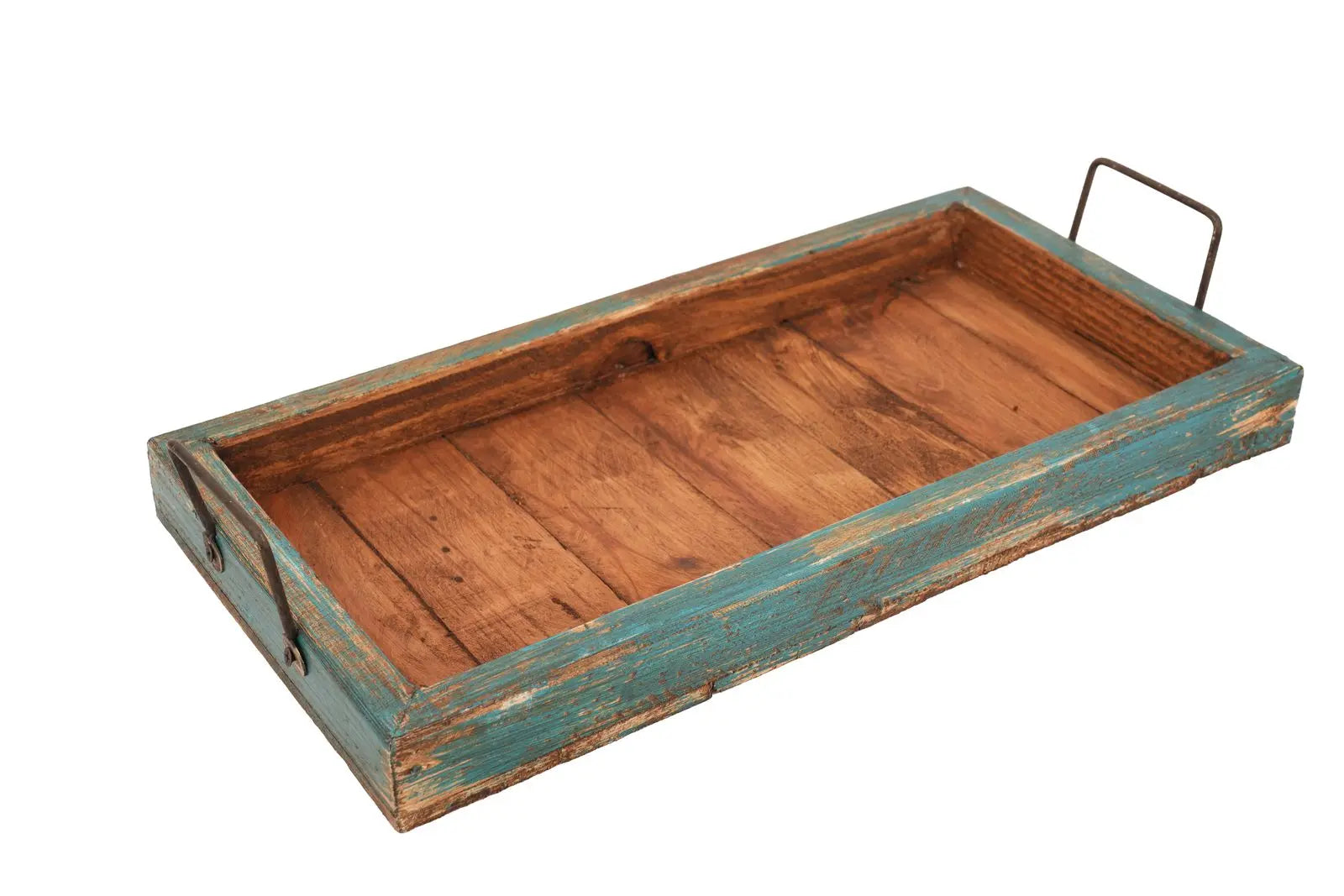 21" Natural And Turquoise Solid Wood Handmade Serving Tray With Handles Homeroots Kitchen & Dining
