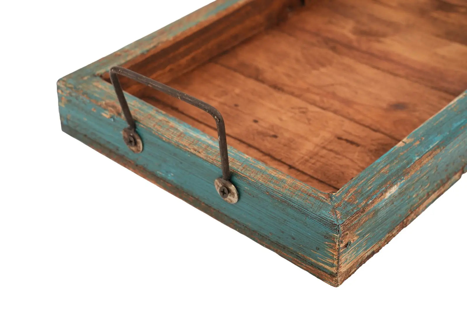 21" Natural And Turquoise Solid Wood Handmade Serving Tray With Handles Homeroots Kitchen & Dining