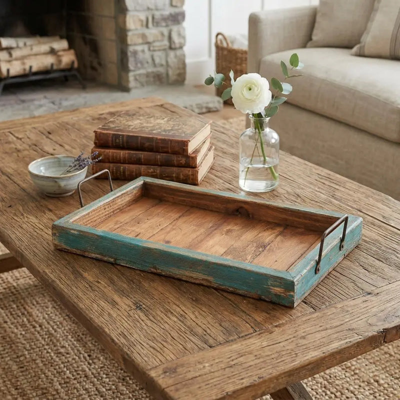 21" Natural And Turquoise Solid Wood Handmade Serving Tray With Handles Homeroots Kitchen & Dining