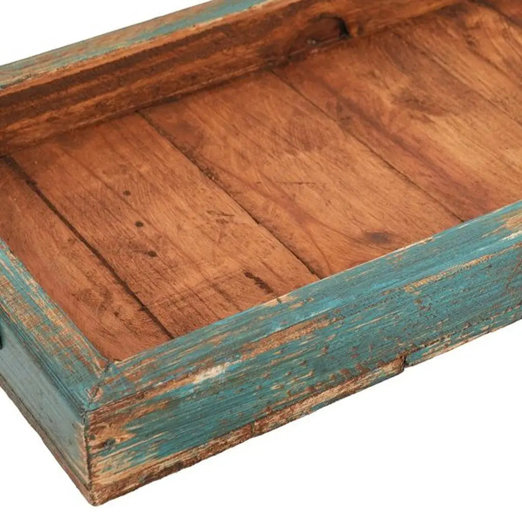 21" Natural And Turquoise Solid Wood Handmade Serving Tray With Handles Homeroots Kitchen & Dining