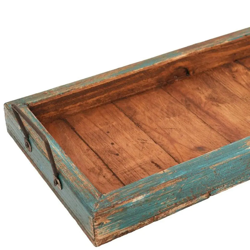 21" Natural And Turquoise Solid Wood Handmade Serving Tray With Handles Homeroots Kitchen & Dining