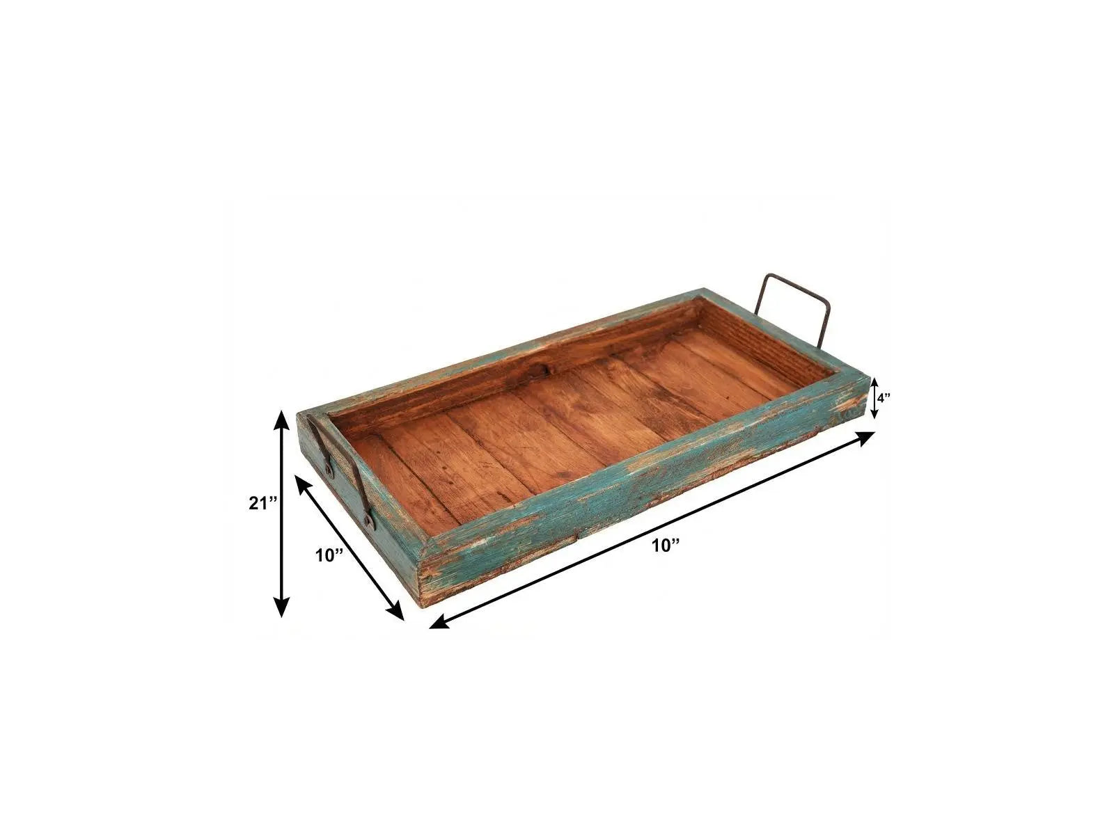 21" Natural And Turquoise Solid Wood Handmade Serving Tray With Handles Homeroots Kitchen & Dining