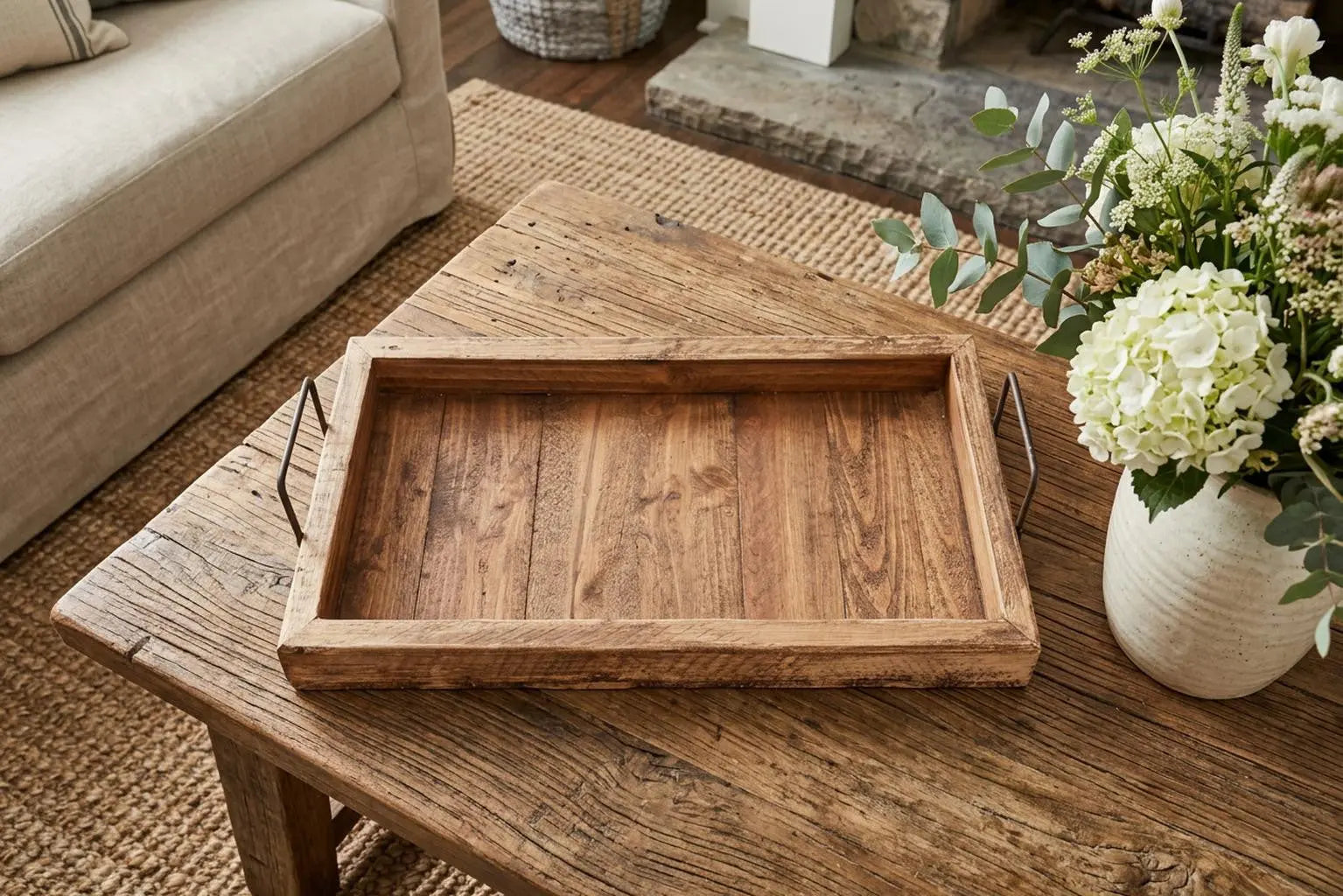 21" Natural Solid Wood Handmade Serving Tray With Handles Homeroots Kitchen & Dining