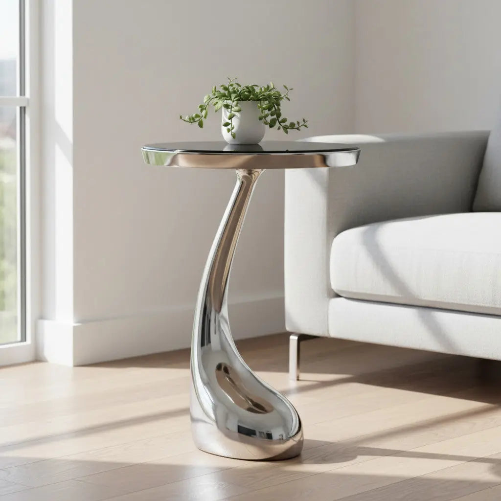 21" Silver And Black Aluminum And Granite Round Abstract End Table Homeroots Living Room