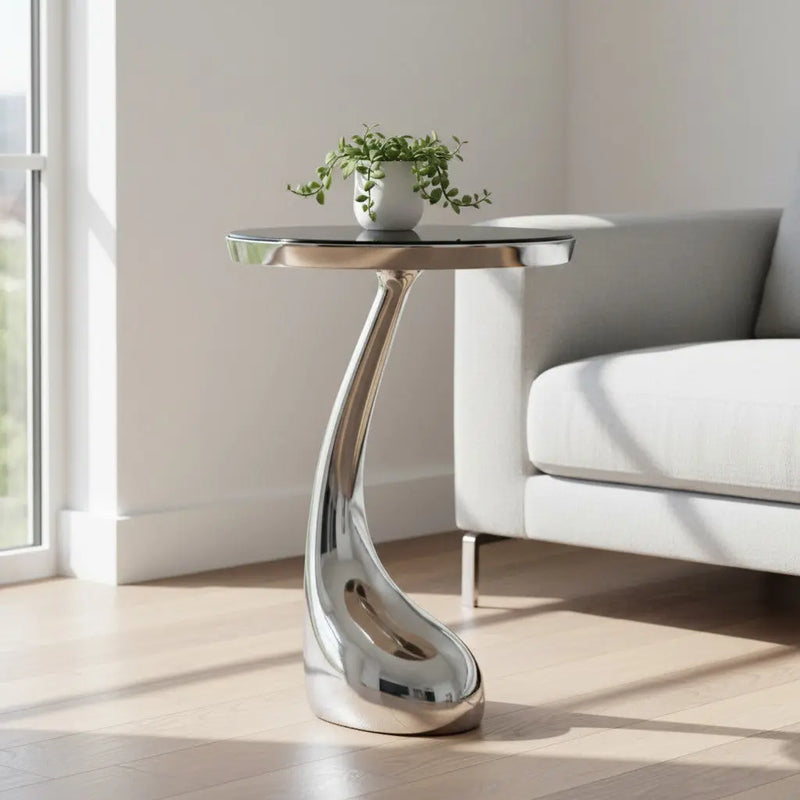 21" Silver And Black Aluminum And Granite Round Abstract End Table Homeroots Living Room