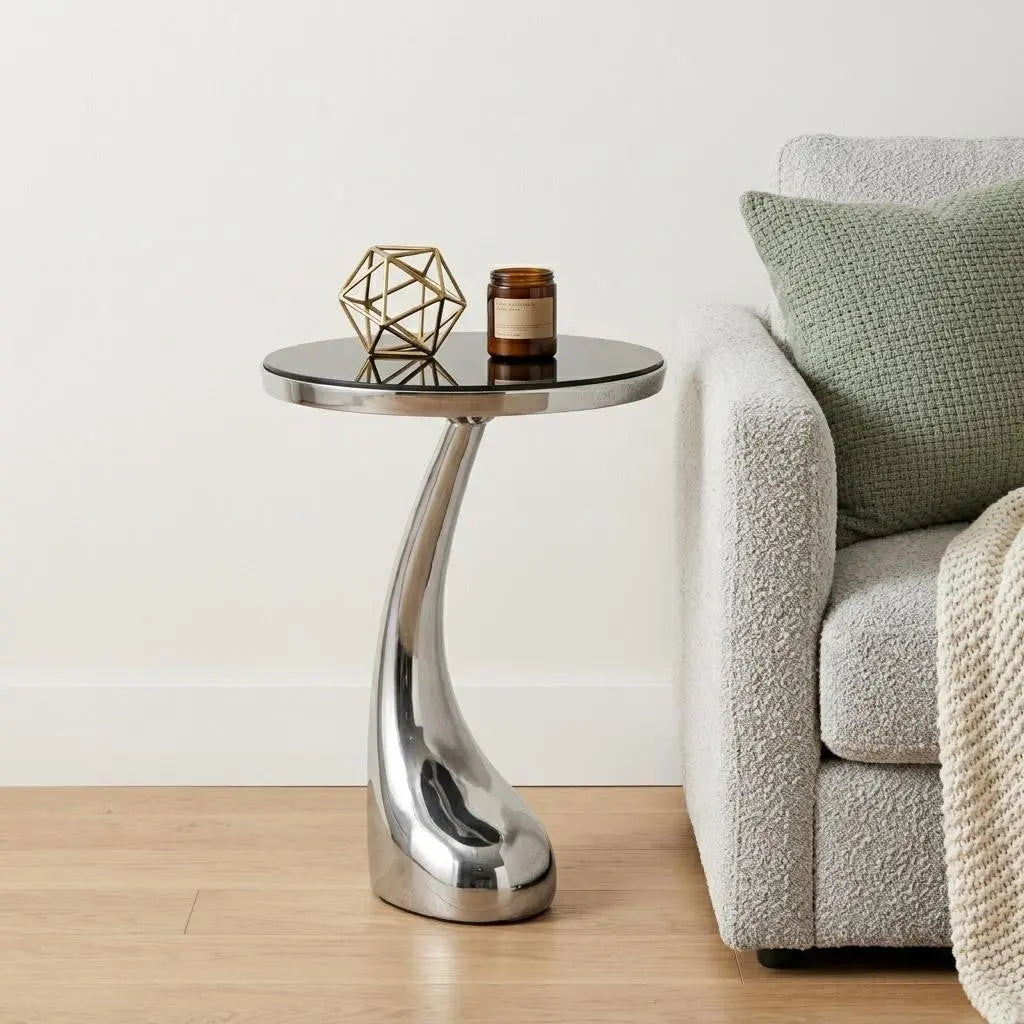 21" Silver And Black Aluminum And Granite Round Abstract End Table Homeroots Living Room