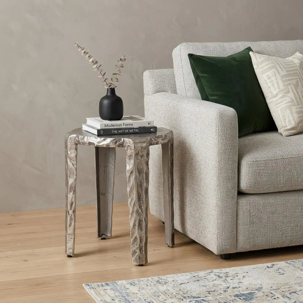 21" Silver Distressed Aluminum Round End Table Homeroots Living Room