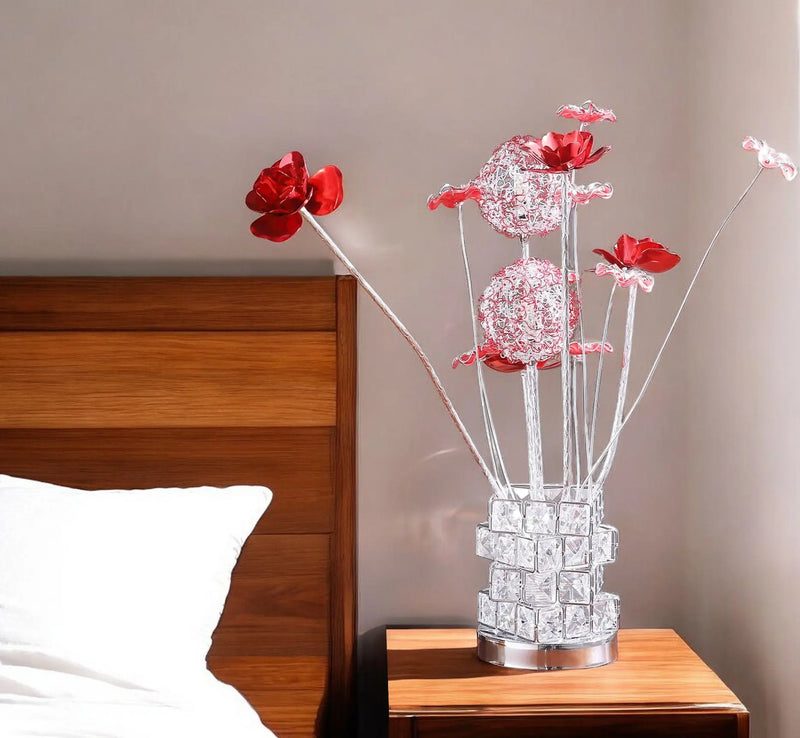 21" Silver and Clear Metal and Faux Crystal Geometric And Roses Bedside Lamp Homeroots Lighting