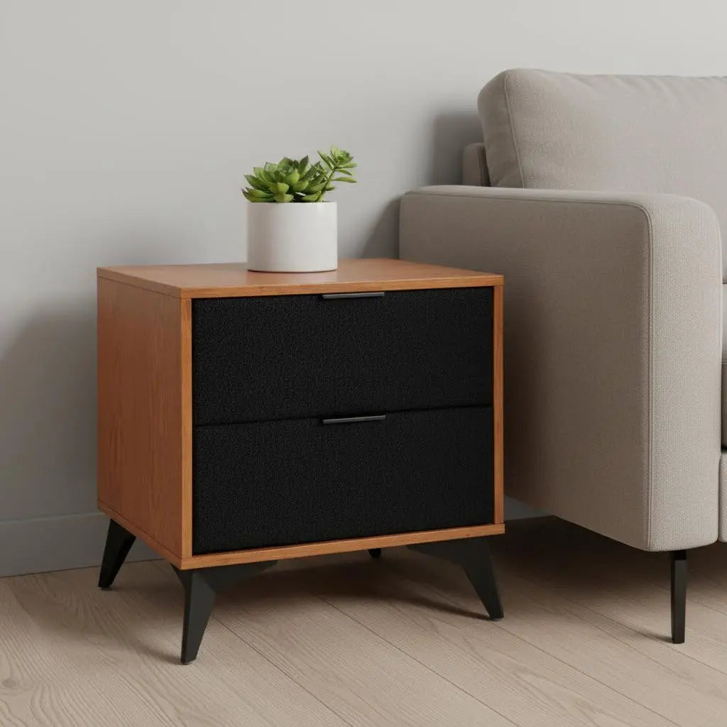 21" Walnut Wood and Steel Two Drawer Nightstand Homeroots