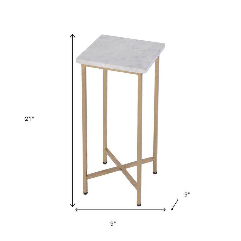 21" White and Gold Distressed Marble and Iron Square End Table - GreatEagleInc