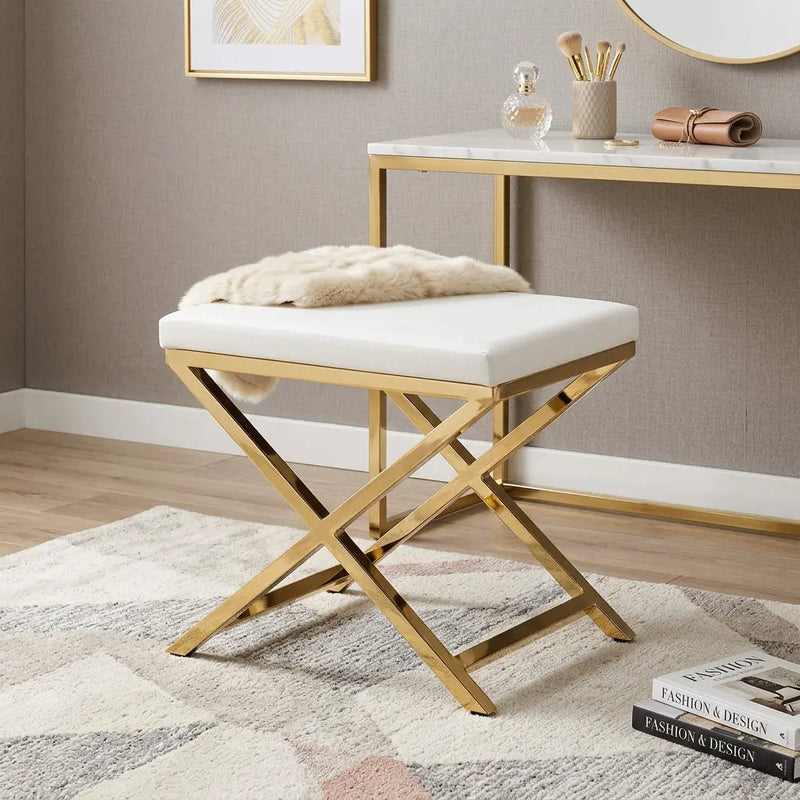21" White and Gold Faux Leather Vanity Chair Homeroots Living Room