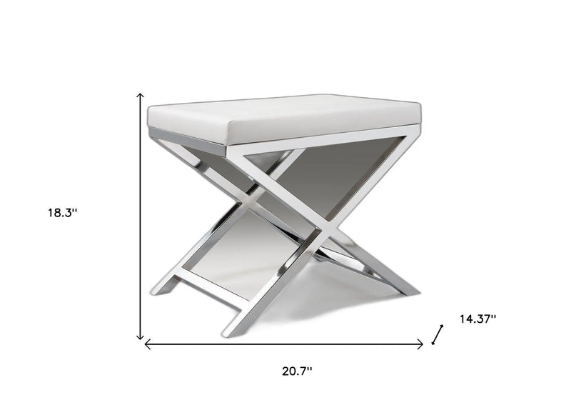 21" White and Silver Faux Leather and Metal Vanity Chair Homeroots Living Room