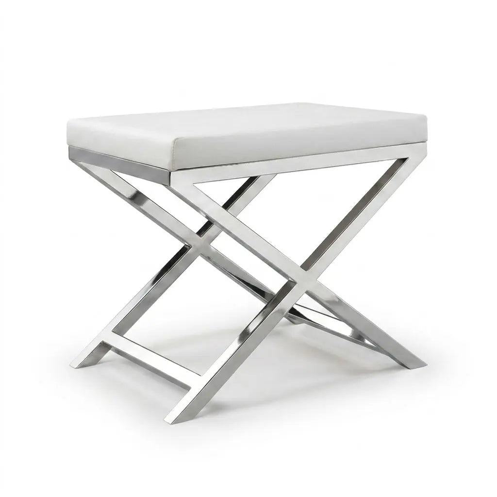 21" White and Silver Faux Leather and Metal Vanity Chair Homeroots Living Room