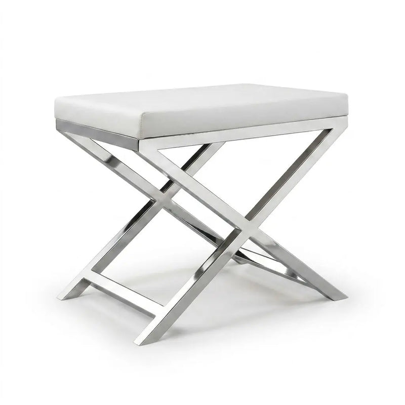 21" White and Silver Faux Leather and Metal Vanity Chair Homeroots Living Room