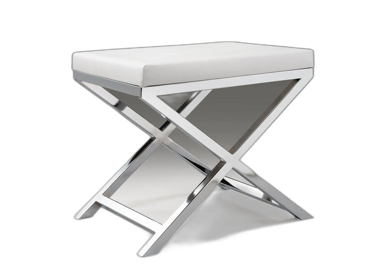 21" White and Silver Faux Leather and Metal Vanity Chair Homeroots Living Room