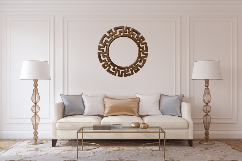 Bronze Greek-key round accent wall mirror with reflective center glass