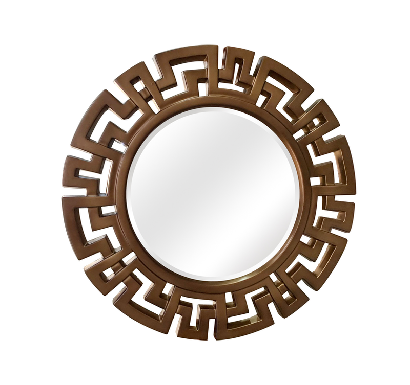 Bronze round wall mirror featuring Greek-key cutout pattern around the glass center