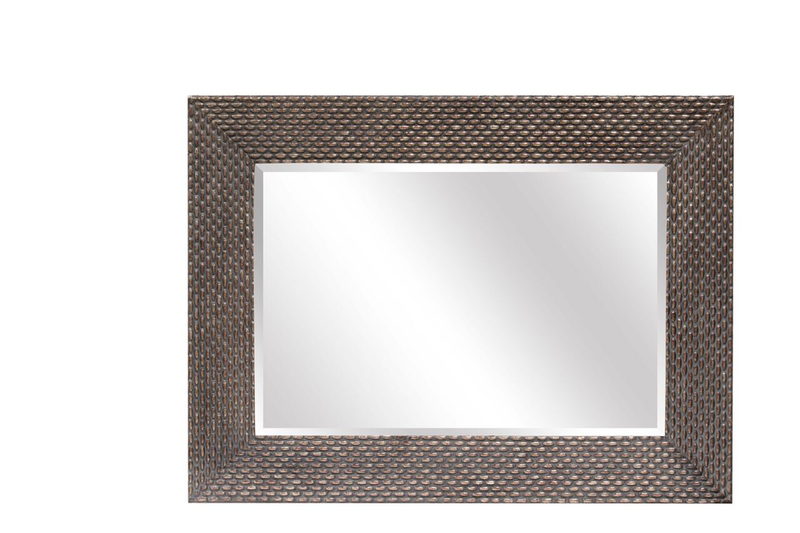 Rectangular decorative wall mirror with textured dark wood frame, inner glass panel