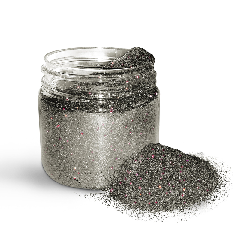 Holographic glitter powder jar with dark silver shine and pink sparkles, 30 ml