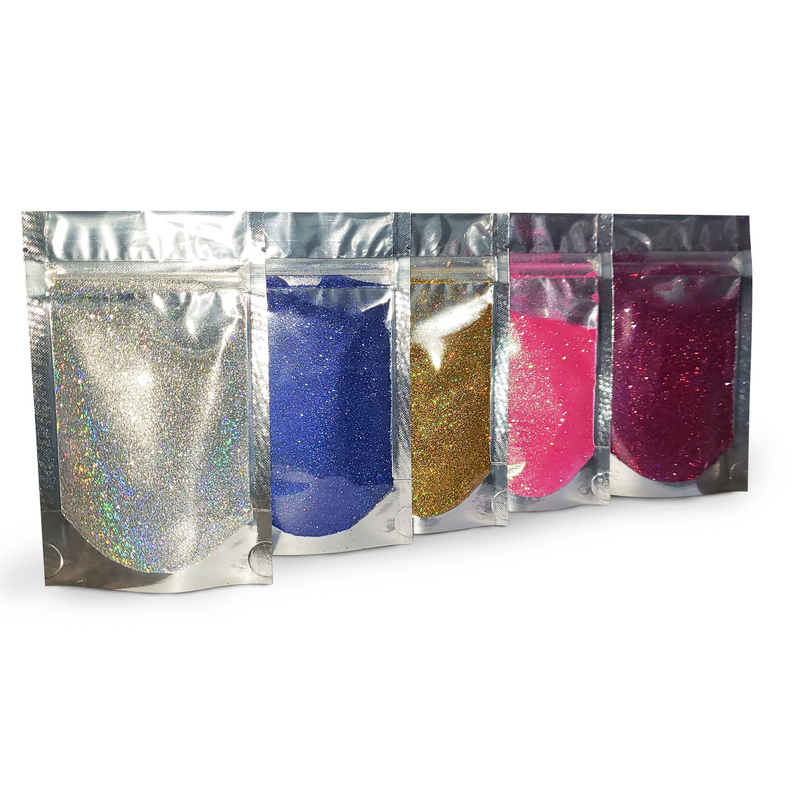 Set of holographic glitter powder pouches in silver, blue, gold, pink, and dark red