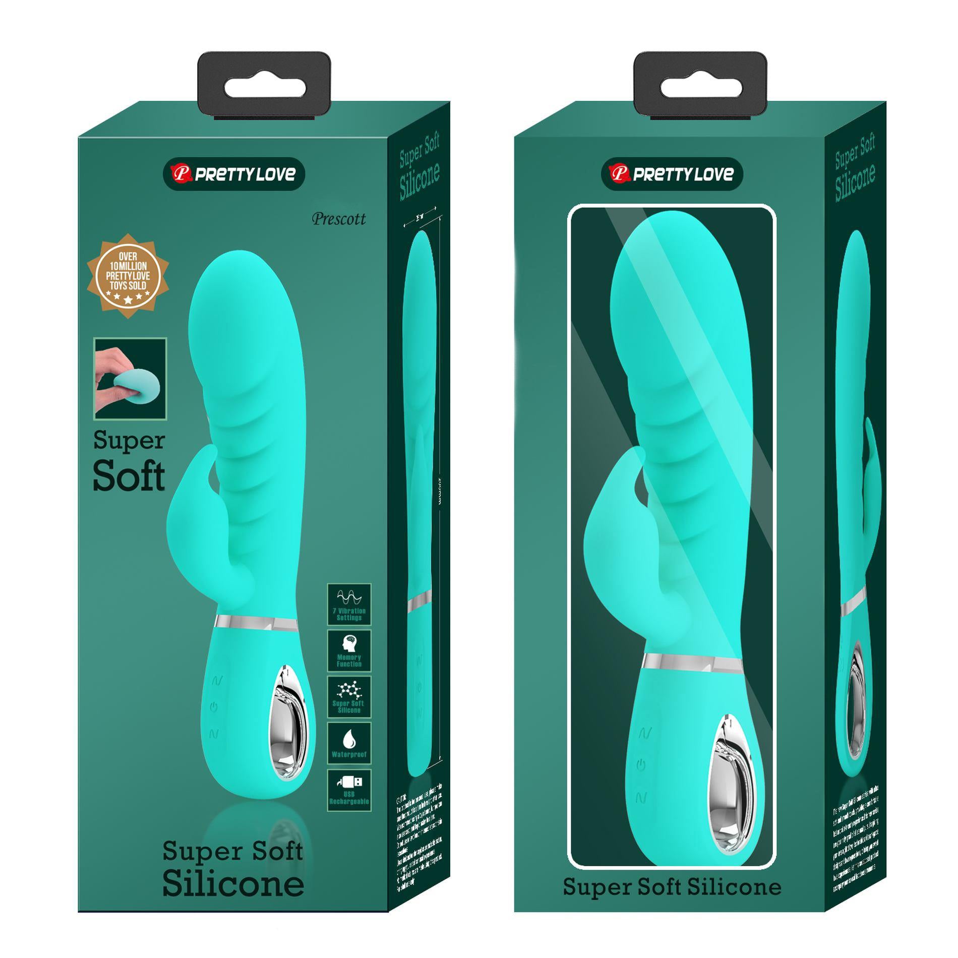 Prescott Super Soft Rabbit Silicone Vibrator -  Teal - GreatEagleInc