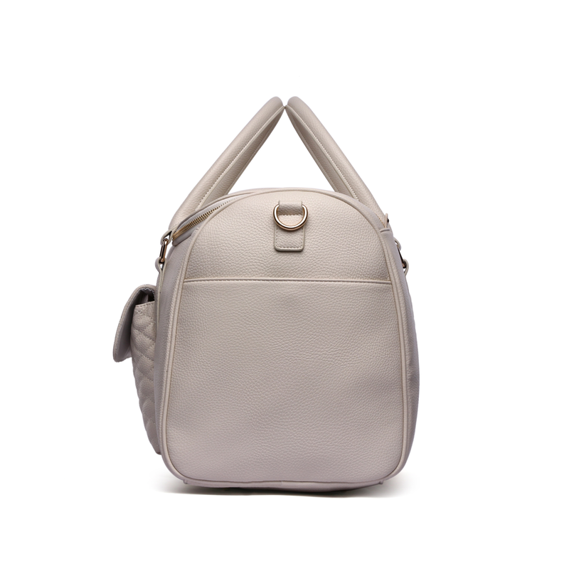 Pearl white travel bag small end view with handle and zipper closure