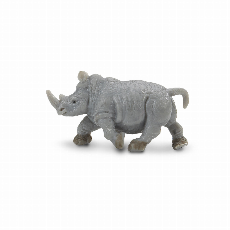 Grey rhino figurine toy standing, detailed textured body and short legs