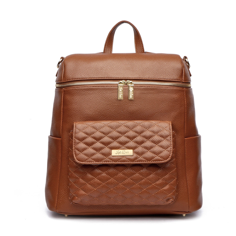 Caramel brown leather diaper bag backpack with front flap pocket and dual zippers