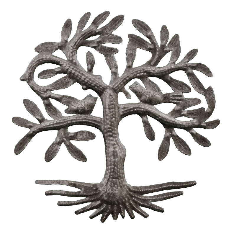 Recycled steel metal tree wall decor with two birds on branching arms