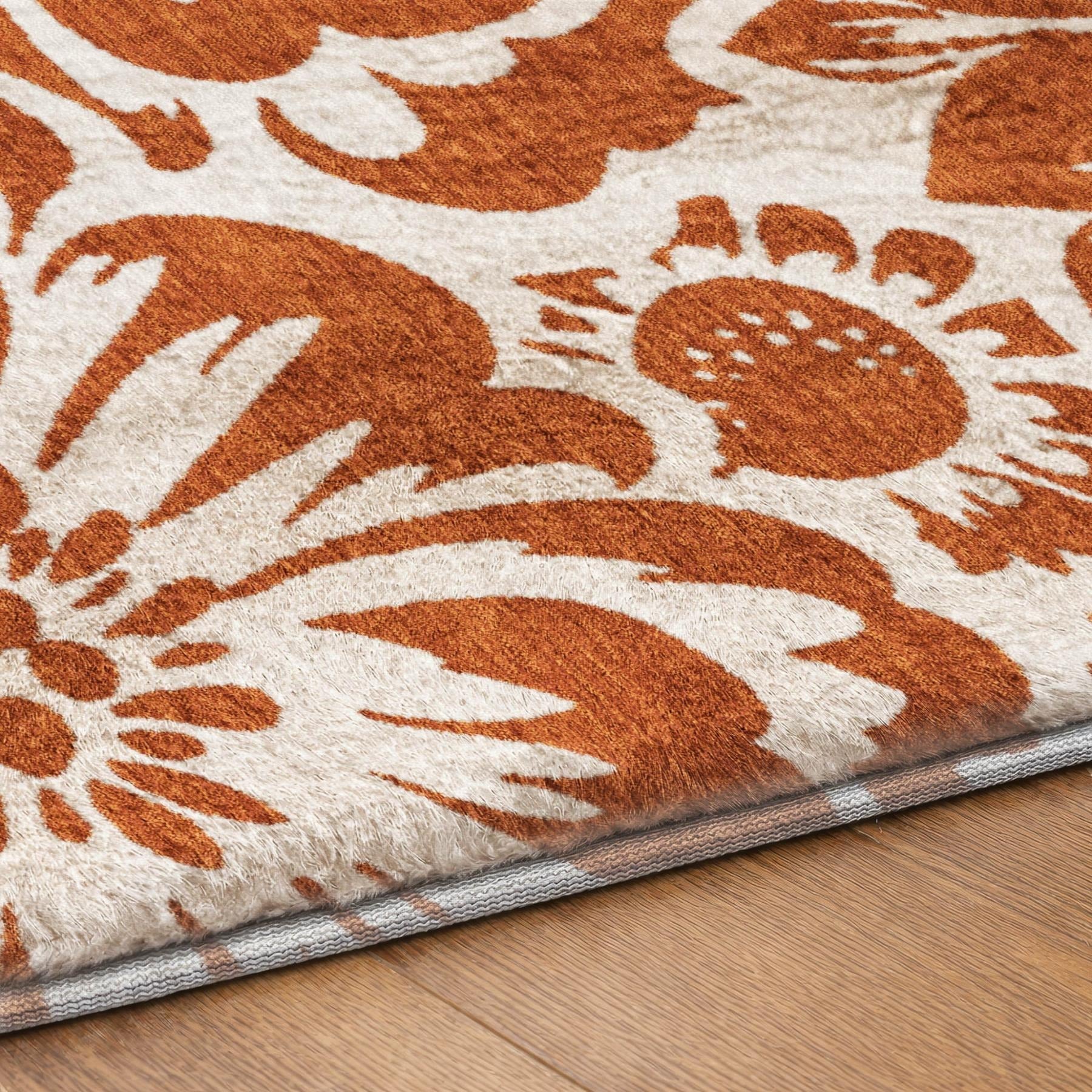 10' X 14' Orange And Ivory Floral Shag Washable Area Rug With UV Protection - Home & Garden