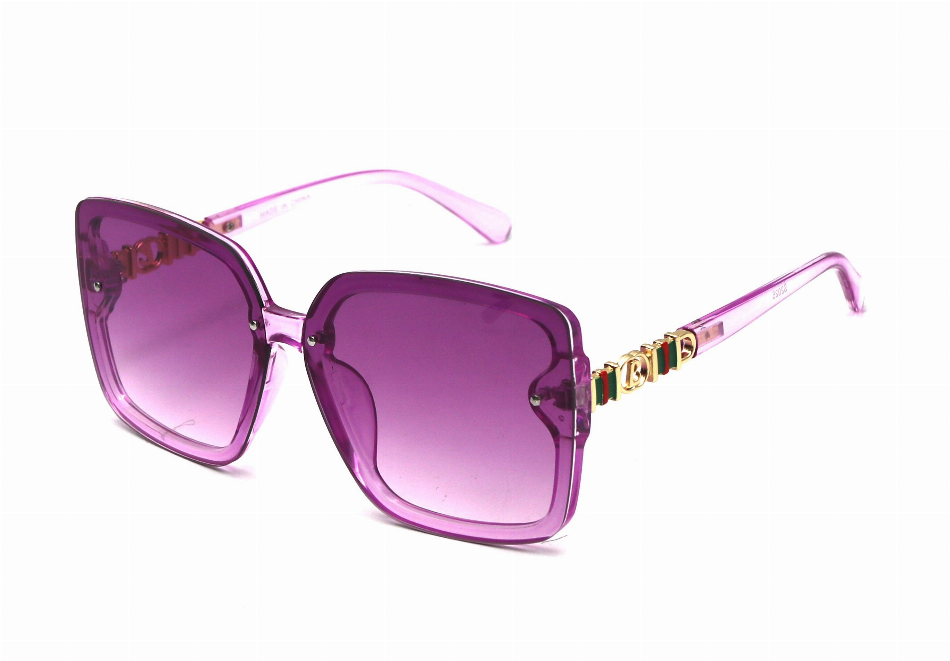 Pink square sunglasses with gradient purple lenses and gold-tone embellished temples