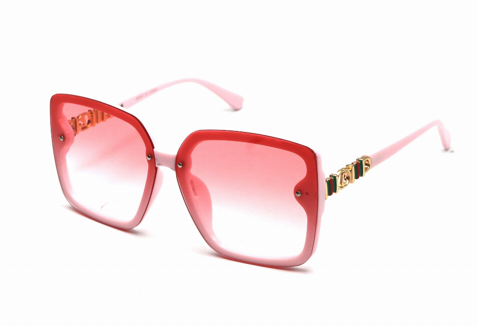 Red square sunglasses with pink gradient lenses and gold-tone embellished temples