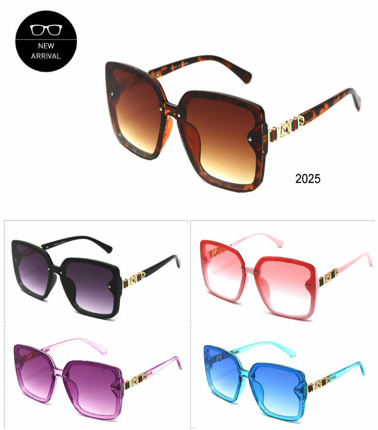 Assorted sunglasses collage showing black, red, purple, and blue pairs