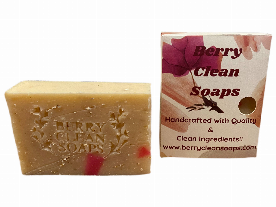 Beige oatmeal soap bar with embossed text design, rectangular shape