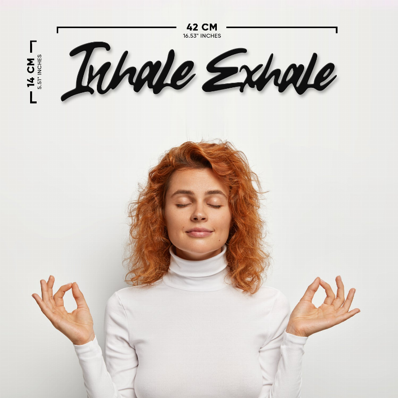 Metal wall art size 42 cm, featuring black script “Inhale Exhale” text.