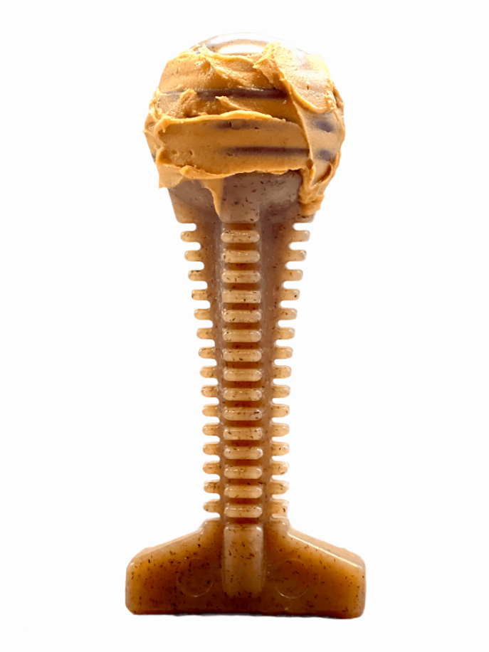Brown nylon dental chew tower toy with chewed top and ribbed vertical post