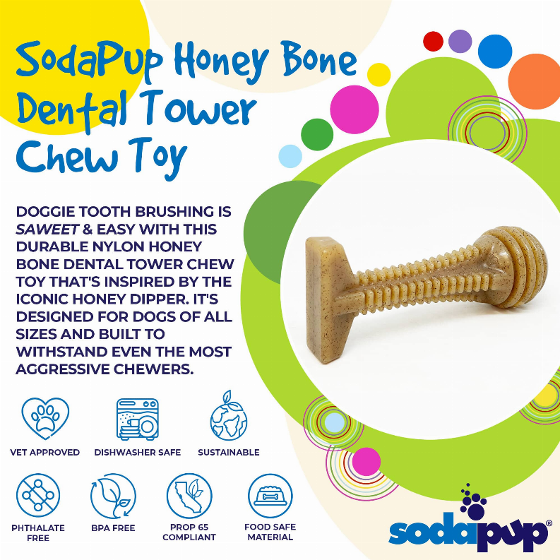 Brown honey bone nylon dental chew tower toy with ribbed arms and round head