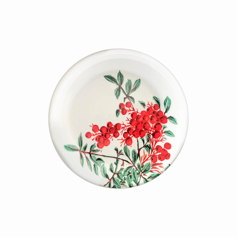 White porcelain dinner plate with red berry sprig centered on the bowl