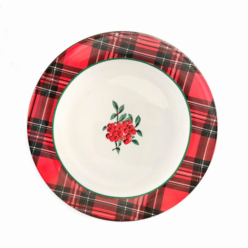 Porcelain dinner plate with red plaid outer rim and red berry center